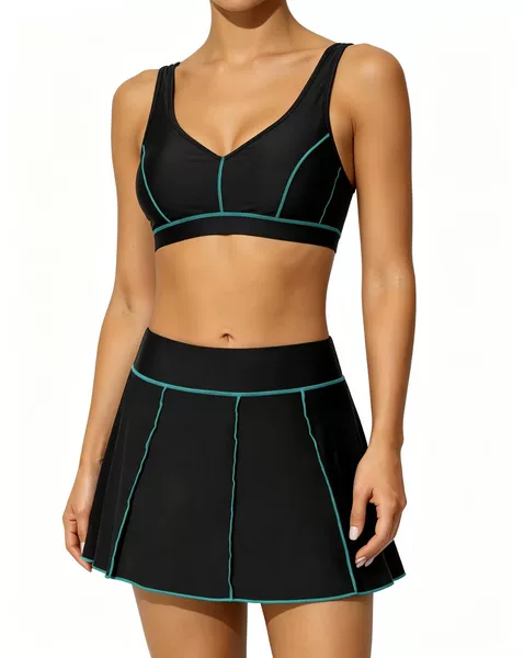 Cross-border bestseller women's quick-dry color-block sports set, beach surfing swim skirt, tennis skirt, anti-exposure with pockets