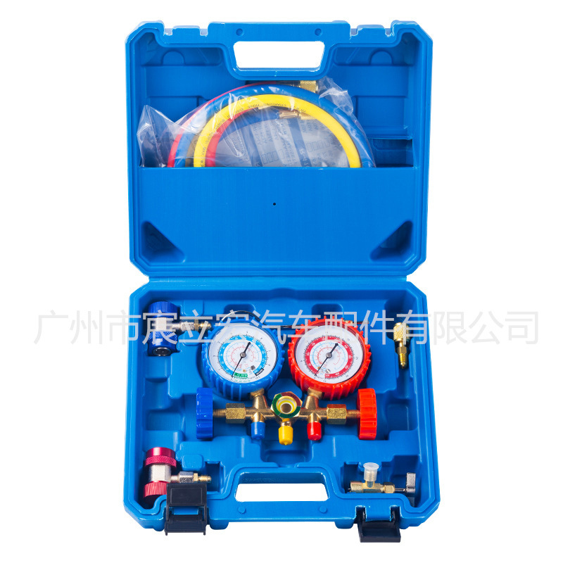 R134a Refrigerante Medidor de fluoruro de coche Medidor de presión de nieve Refrigerante Válvula de doble mesa Juego de herramientas de fluoruro de aire acondicionado