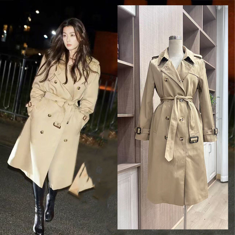 In Stock 2026 Early Spring New Style Park Ji-Hyun Same Style Trench Coat for Women, British Style, Over-The-Knee, Slim Fit, Mid-Length Coat