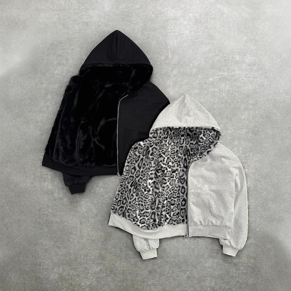 2025 Autumn and Winter New Fashion Warm European and American Retro Hooded Sweatshirt Leopard Print Zipper Loose Fit for Men and Women