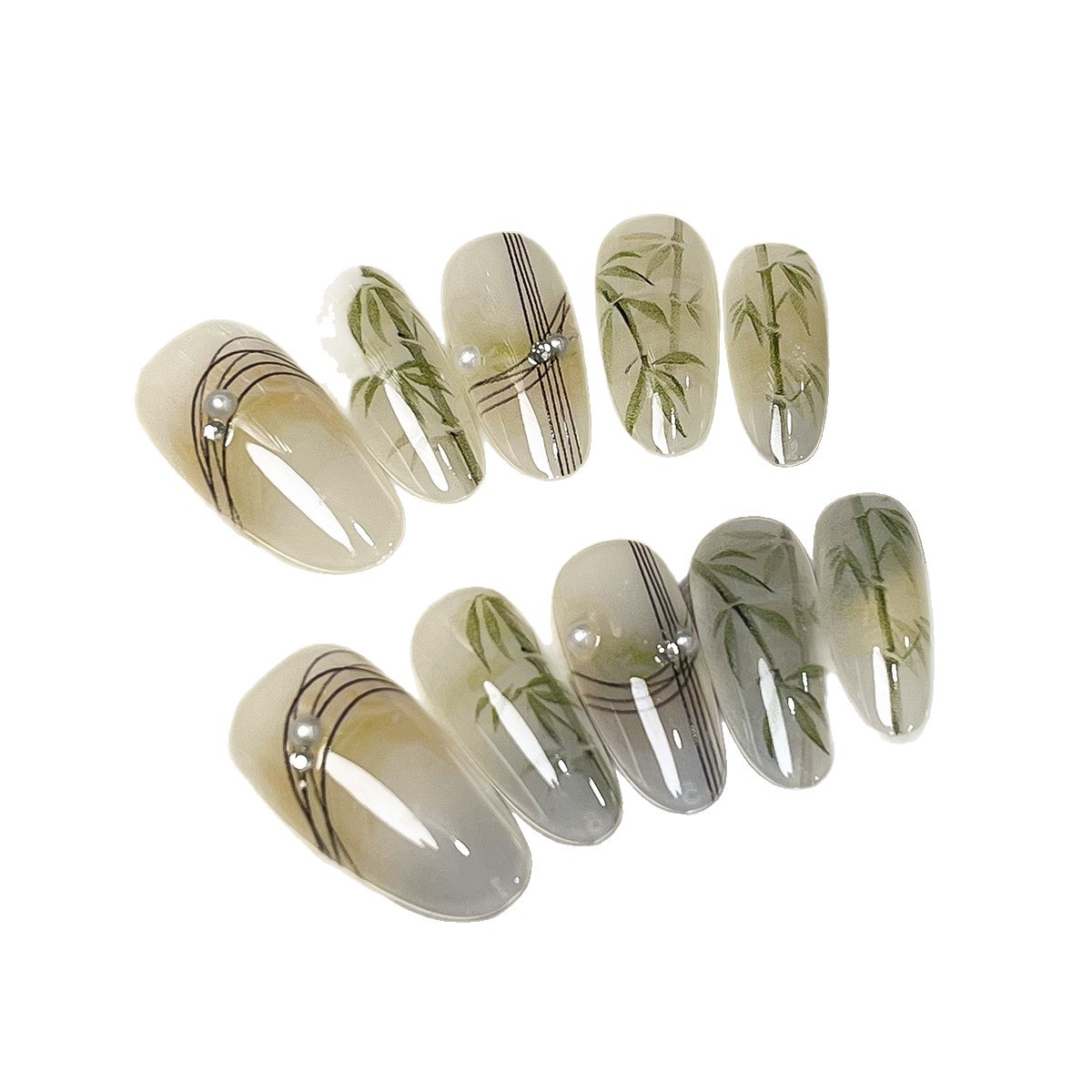 Manual pura estilo nacional de vestir uñas pintadas a mano estilo de bambú de estilo antiguo bambú gradiente manicure falso parche de uñas