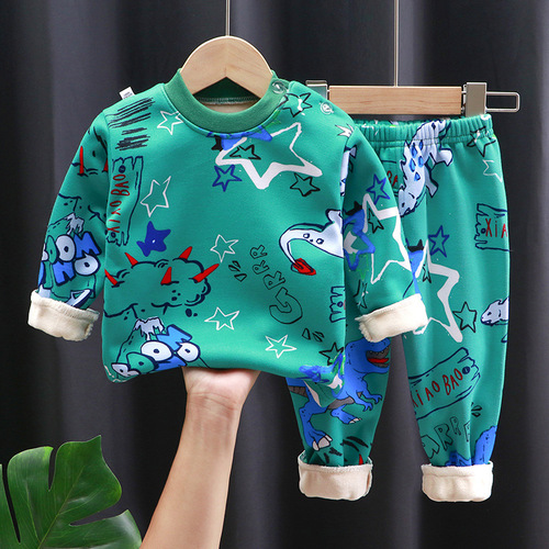 A unisex children's warm indoor set with padded and thick winter clothing, including long johns for babies
