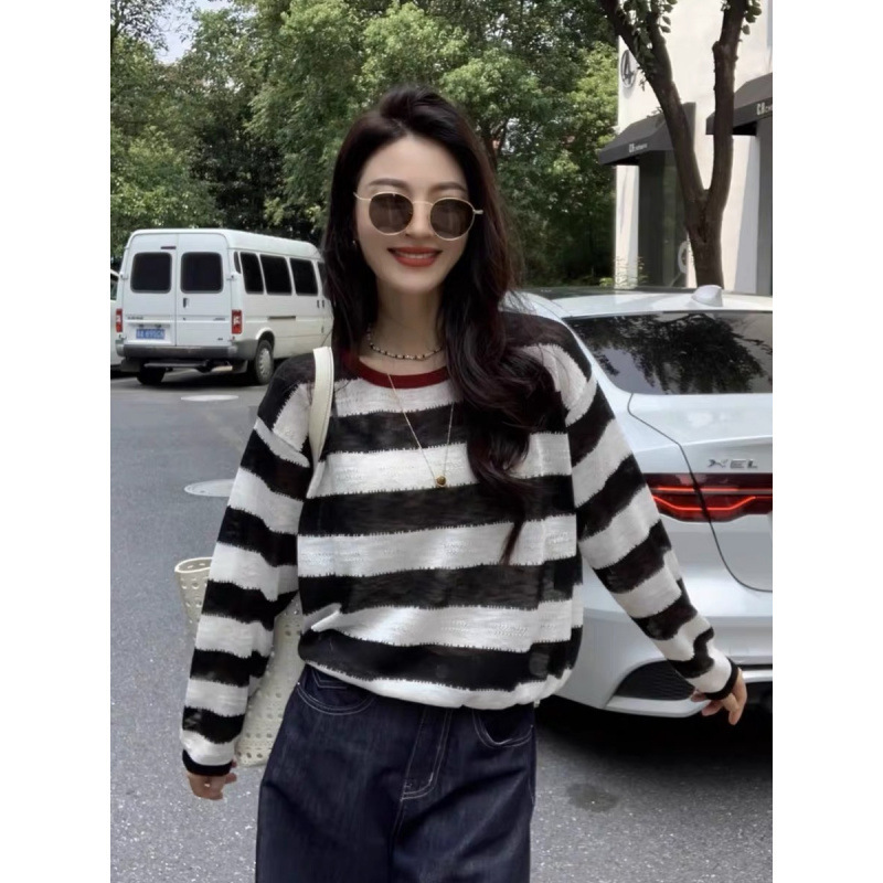 撞色条纹圆领长袖女式针织衫2025新款早秋宽松休闲防晒罩衫上衣潮|undefined