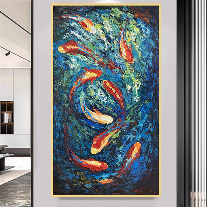 纯手绘油画过道走廊玄关装饰画抽象九鱼图厚肌理高级落地大幅挂画