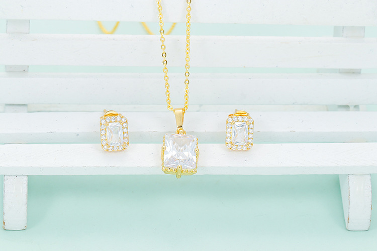 Zircon Inlay Material Retro Square Copper Plating Inlay Zircon Women's Earrings Necklace 1 Set