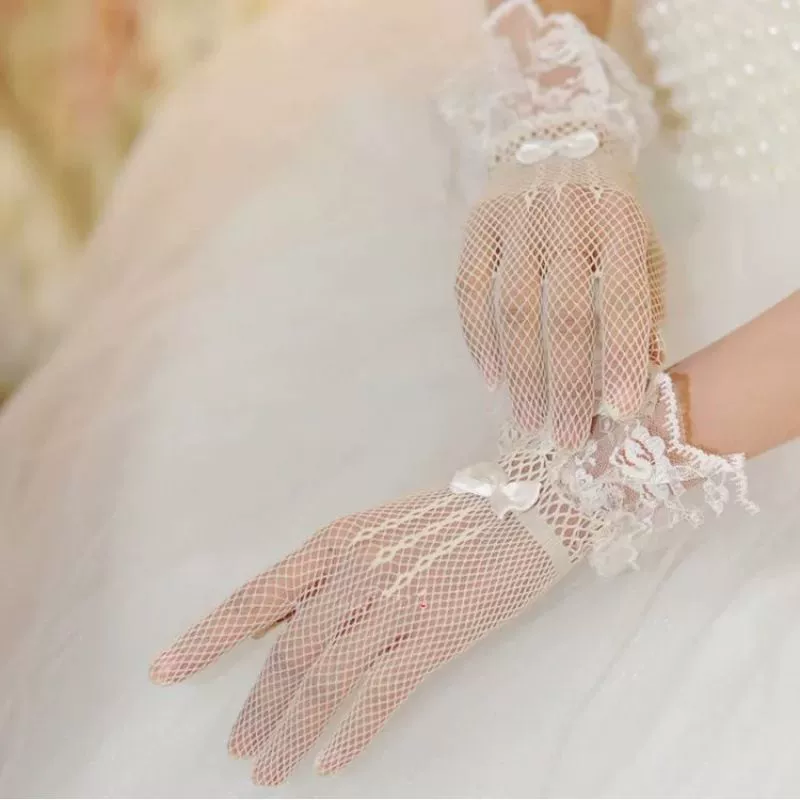 Сетчатые сексуальные кружевные перчатки женская тонкая короткая невеста свадебное платье эластичная белая летняя вождение бант танец анти-солнцезащитный черный
