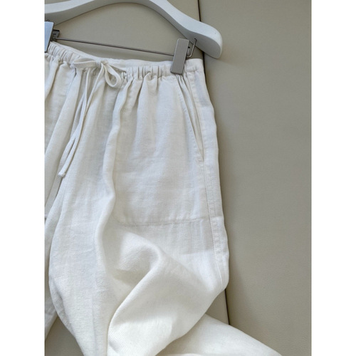 White Ramie Linen Straight Leg Wide Pants for Women, Summer Set, Slimming and Comfortable, Elastic High-Waist Cotton Linen Casual Long Pants
