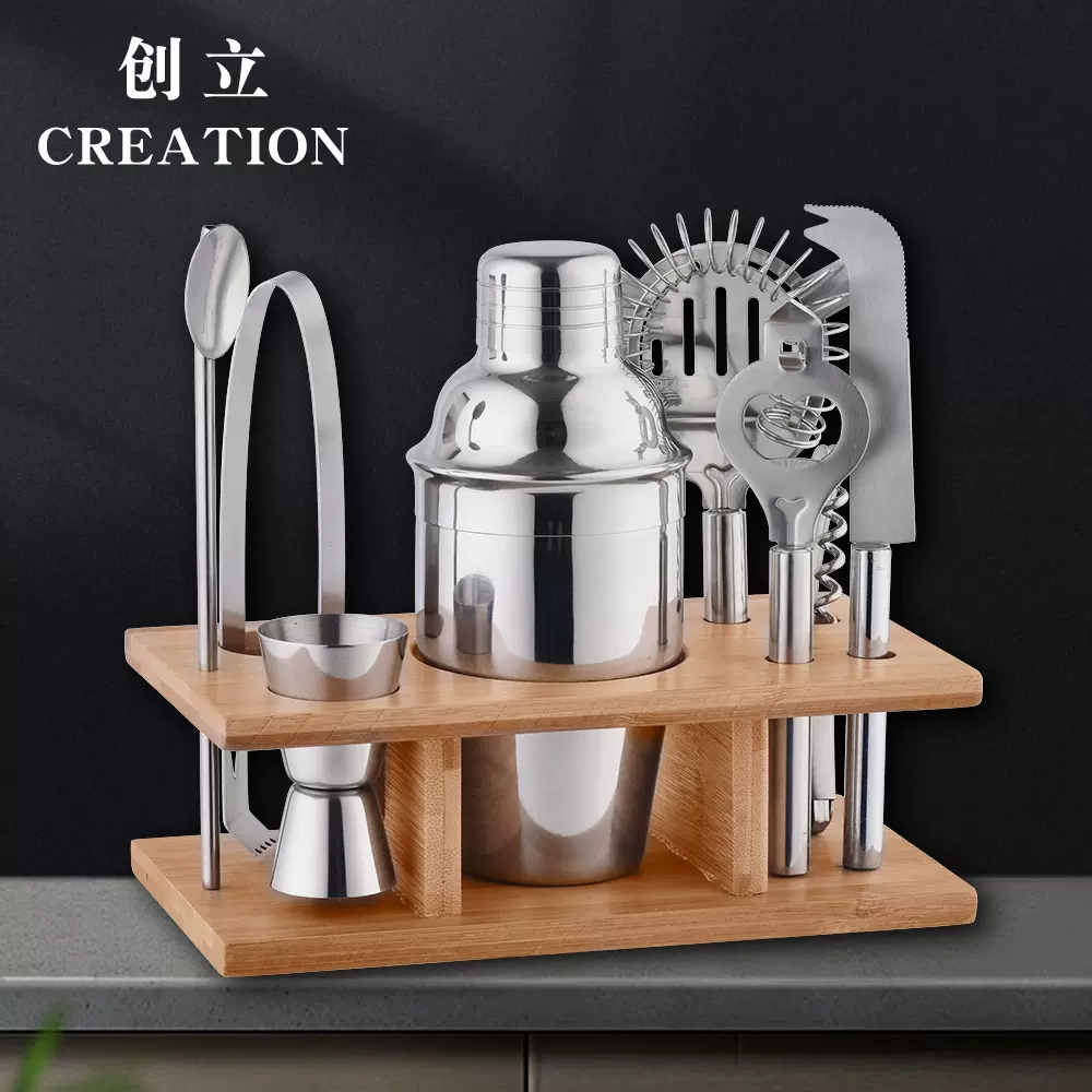 跨境金属不锈钢350ml调酒器迷你鸡尾酒调酒用品酒吧套装带竹木架