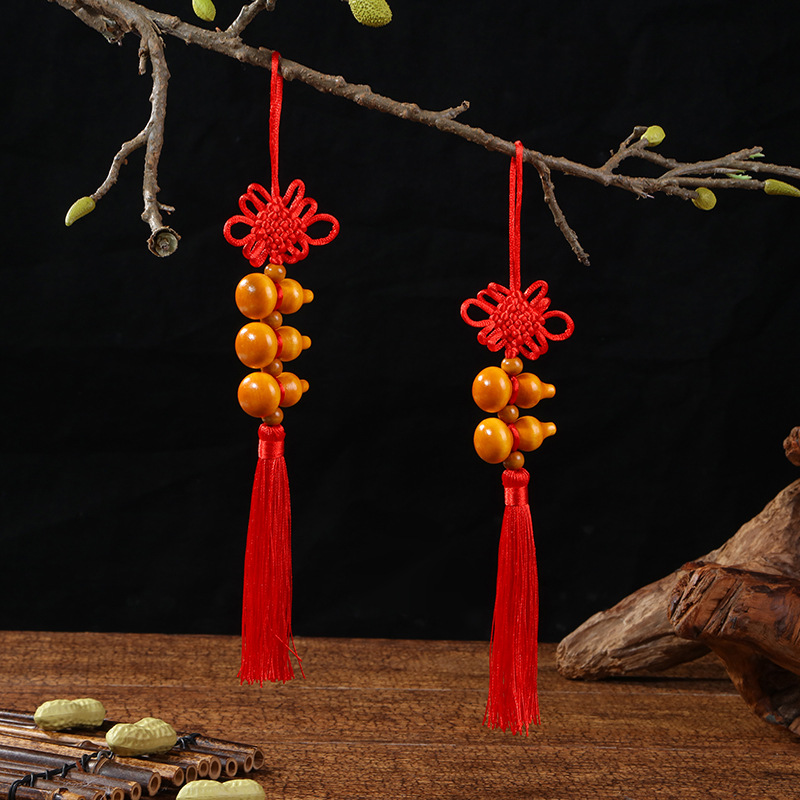 Hand-Woven Chinese Knot Five Blessings Bowknot Chinese Style Peach Wood Gourd Pendant Five Emperors Coins Home Car Hanging Decoration