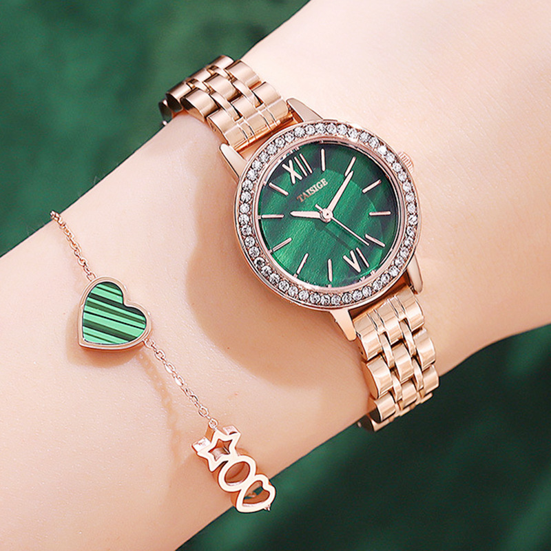 泰仕傑新複古簡約石英表鑲鑽氣質學生ins小綠表防水女士手表代發