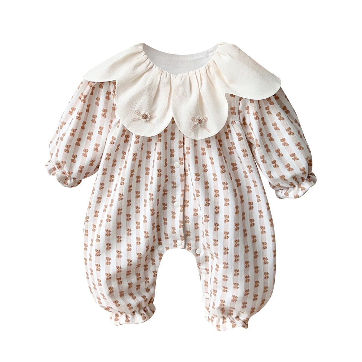 En la primavera de 2025, una mujer bebé de una pieza, cuello de pétalo mori, lindo mameluco de manga larga, vestido de primavera