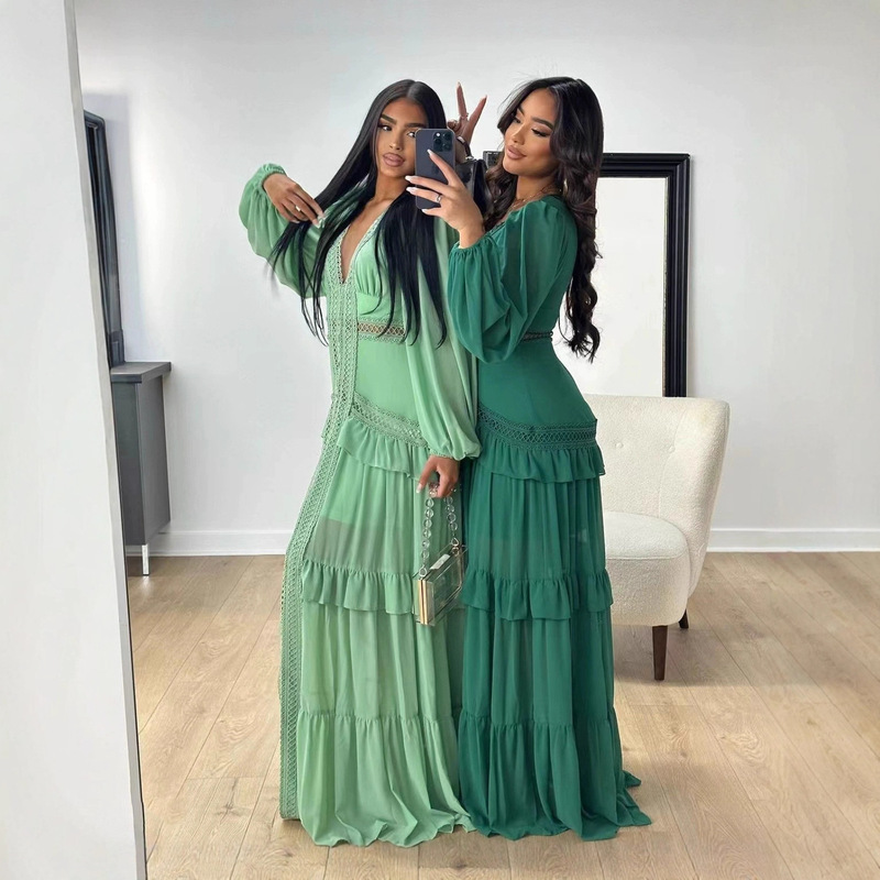 2025 Autumn and Winter Cross-Border European and American Elegant Elegant Splicing Long-Sleeved V Neck Dress Amazon Comfortable Women's Skirt