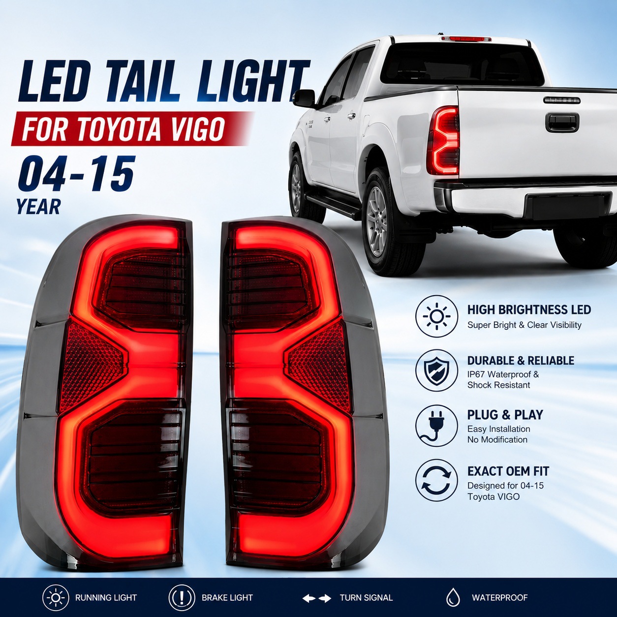 Suitable for 04-15 Hilux Vigo Tail Lights Hilux Vigo Modified Led Tail Lights Led Warning Lights