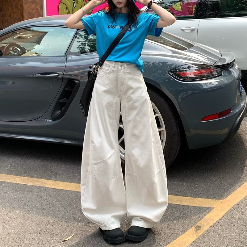 In-Stock 2025 Spring/Summer New Low-Rise Slim-Fit White Designer Wide-Leg Floor-Length Natural Waist Women's Jeans Trendy