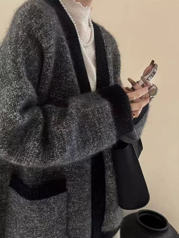 秋冬新款100%羊毛开衫女宽松v领中长款加厚百搭温柔系扣羊绒外套|undefined
