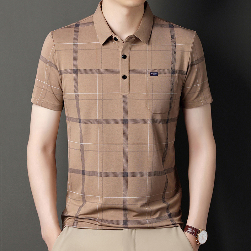 2025 Summer Ice Silk Cotton Short-sleeved T-shirt Men's Real Pocket Lapel Loose plus size T-shirt Middle-aged Men's POLO Shirt