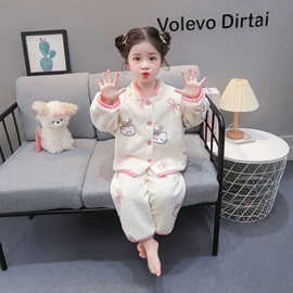女童珊瑚绒睡衣加厚加绒保暖法兰绒小女宝宝秋冬款儿童家居服双层