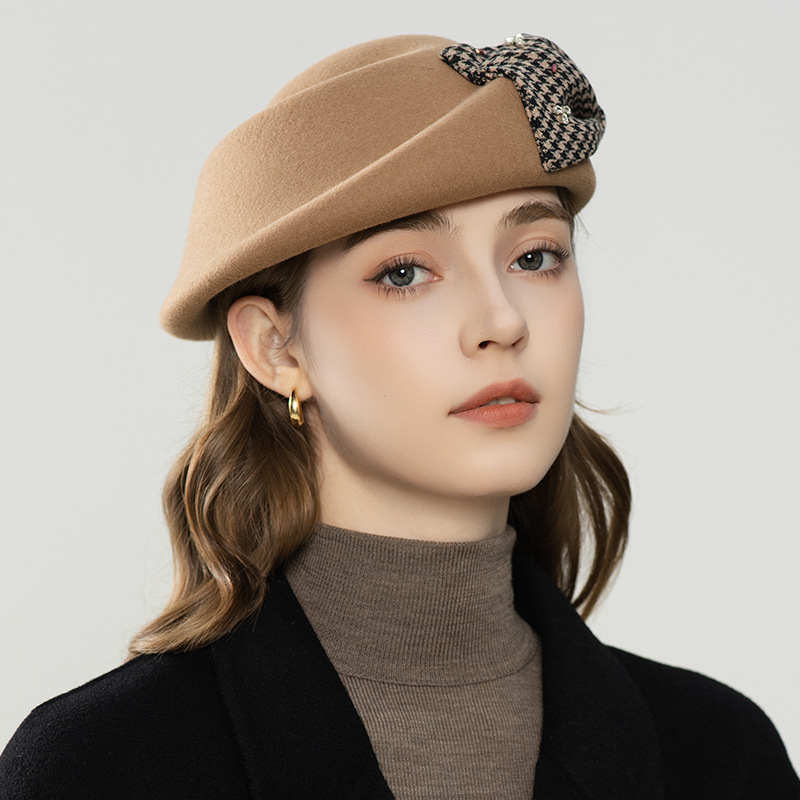 Mũ beret len nữ vành lật kẻ caro nơ phong cách Anh quốc ấm áp — đen