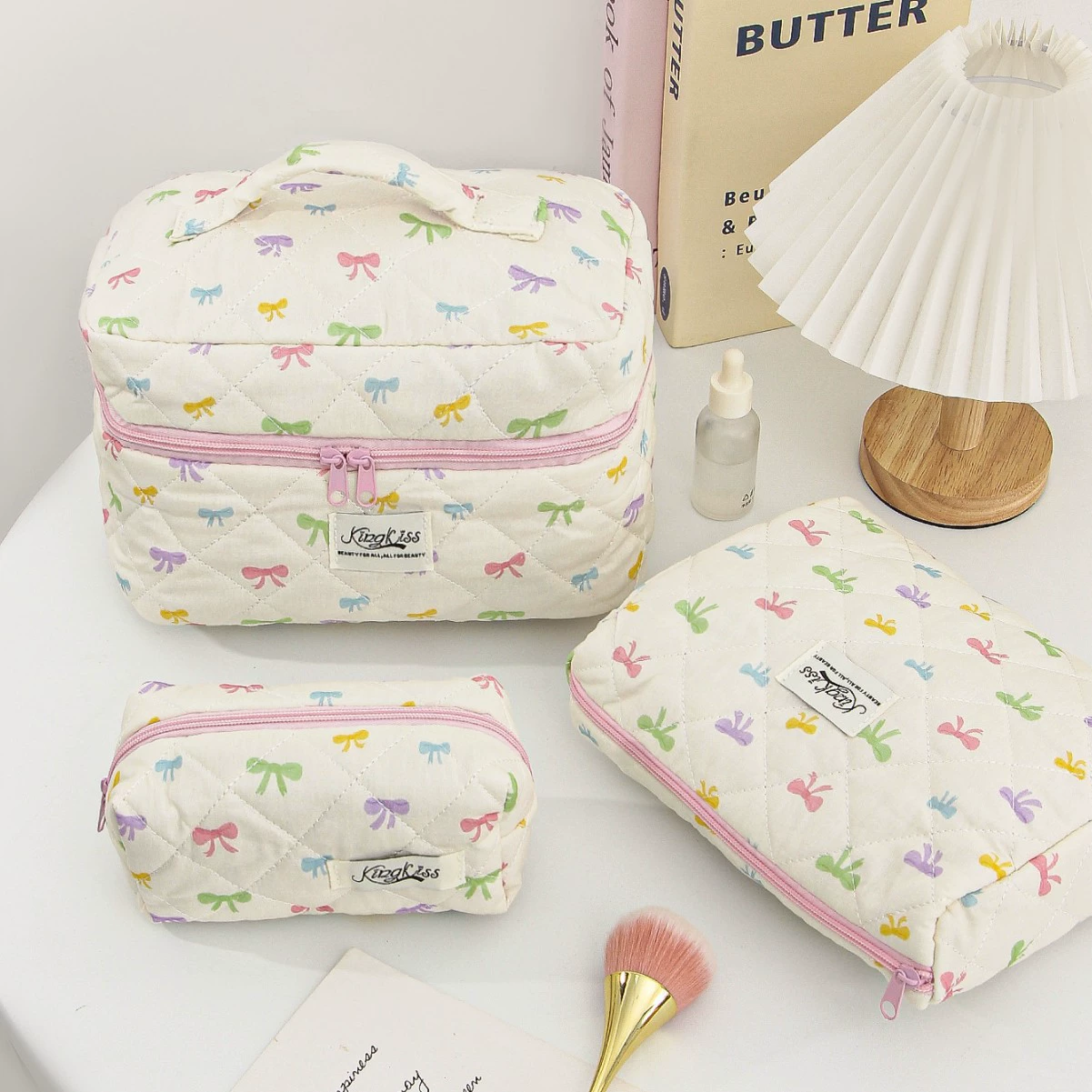 Universal cosmetic bag with bow, capacious handheld organizer bag