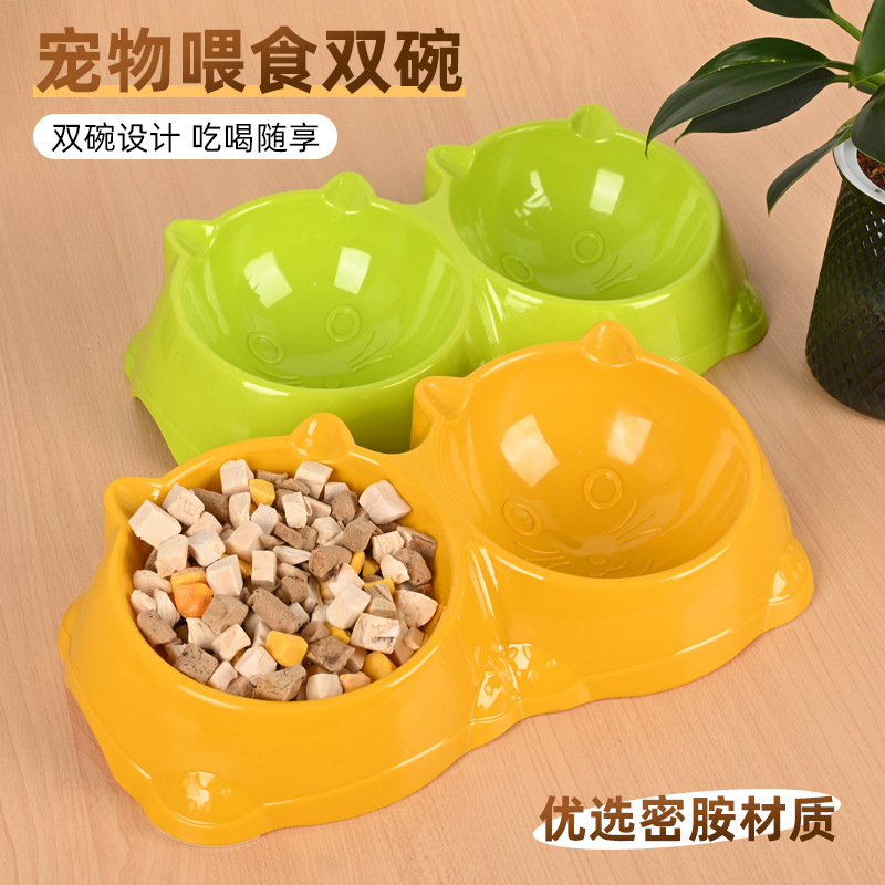 Cat Bowl Imitation Ceramic Pet Double Bowl Tilt Mouth Neck Protection Cat Food Basin Water Basin Cute Cartoon Dog Bowl Amazon Wholesale
