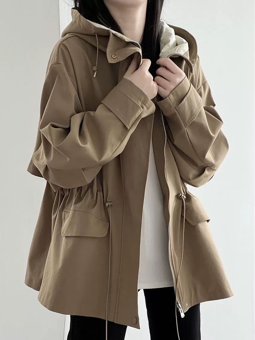 Хаки осеннее trench coat, укороченная ретро-куртка для отдыха, британский стиль, для подростков, оверсайз