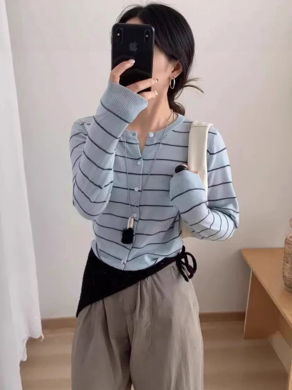 2025早秋新款撞色条纹简约针织开衫女六羊毛高级感时尚洋气上衣|undefined