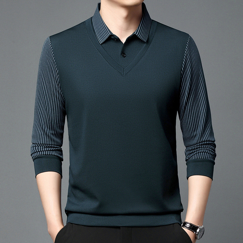 Fake Two-Piece Long-Sleeved Polo Shirt Spring and Autum Men's Lapel Stripesd T-Shirt Middle-Aged Casual Bottoming Shirt Sweatshirt Hot Style