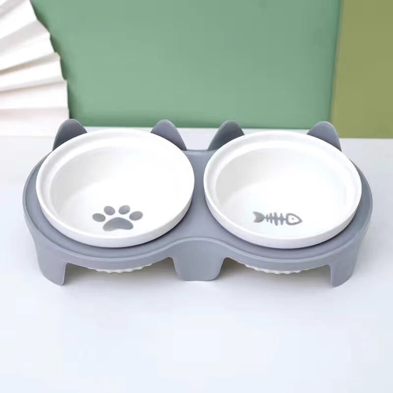 猫ボウル、セラミックキャットフードボウル、猫ボウル、犬ボウル、フードボウル、ペットの斜め口、頚椎保護、転倒防止、二重ボウル飲料水|undefined