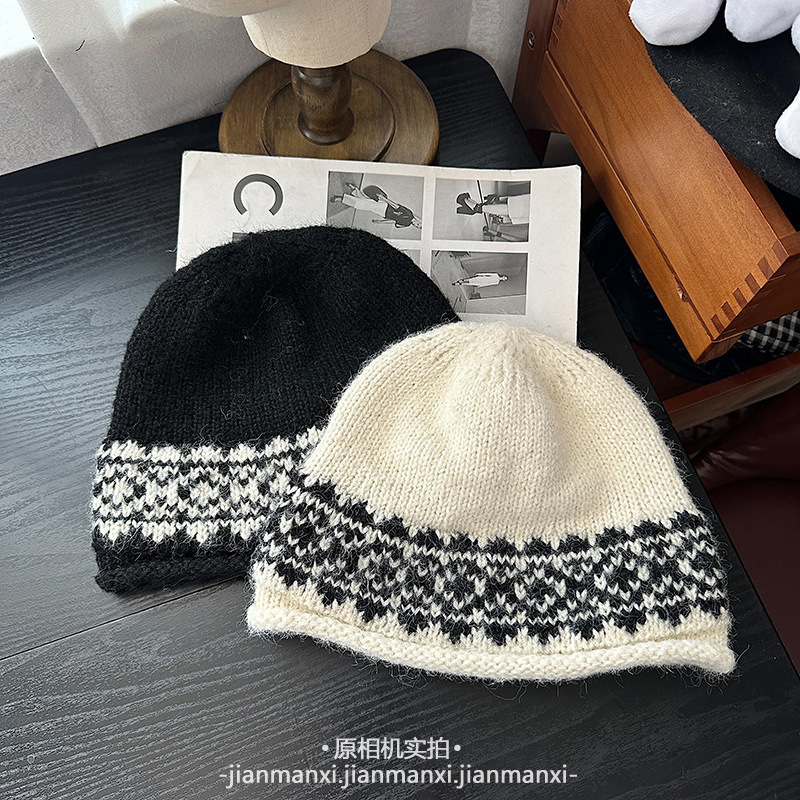 韩系简约针织费尔岛提花毛线帽子女秋冬新款休闲百搭显脸小冷帽潮|undefined