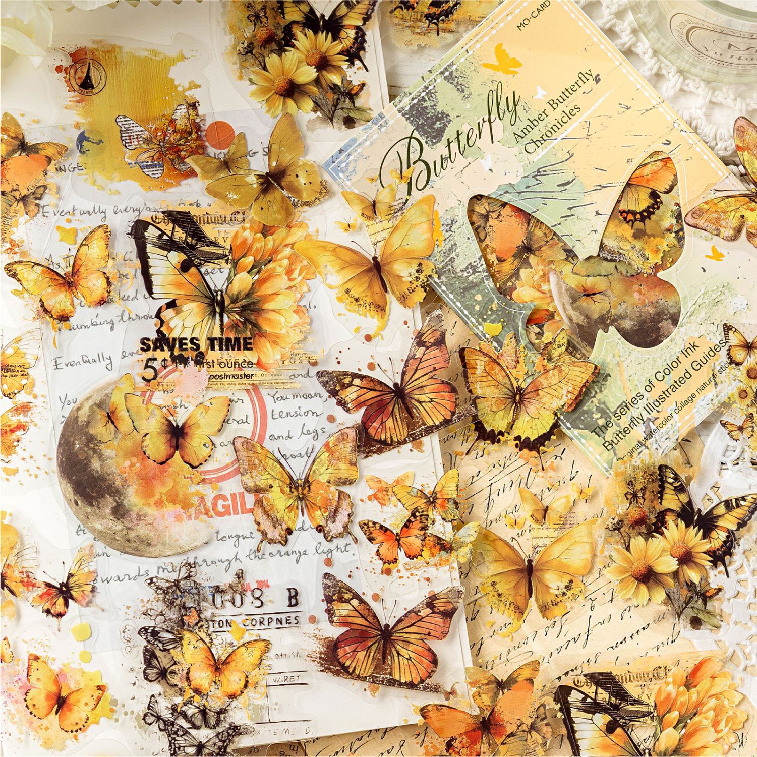 Paquete de pegatinas de tinta blanca Mo Mo PET, serie de libros ilustrados de mariposas de tinta de color, pegatinas de tarjetas de bricolaje de estilo ins retro