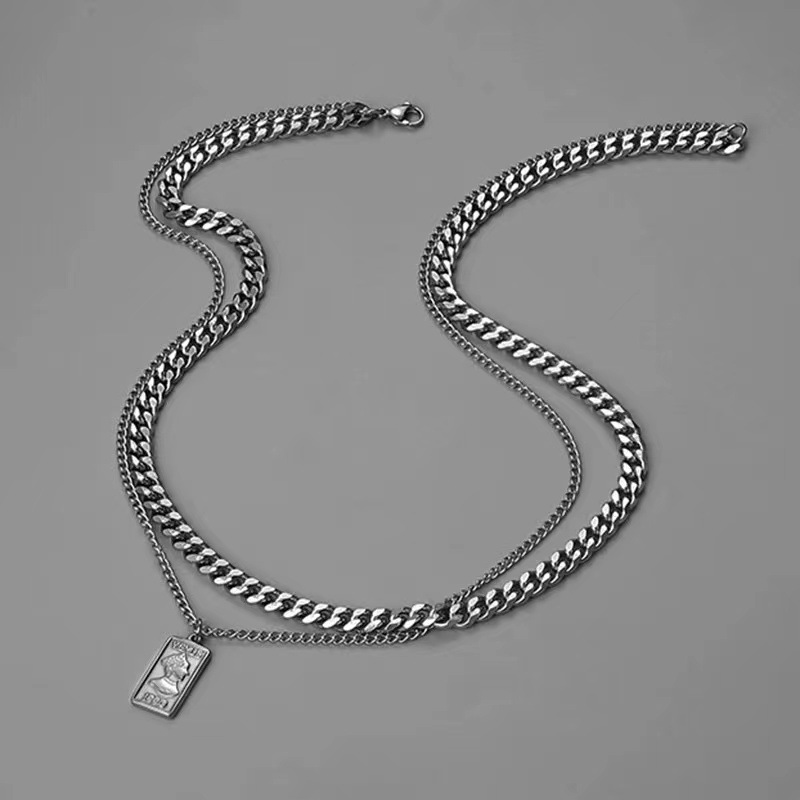 Titanium Steel Chain Material Cuban Link Chain Curb Chain Chain Type Hip-Hop Human Titanium Steel Polishing Unisex Double Layer Necklaces Men Layered Necklaces