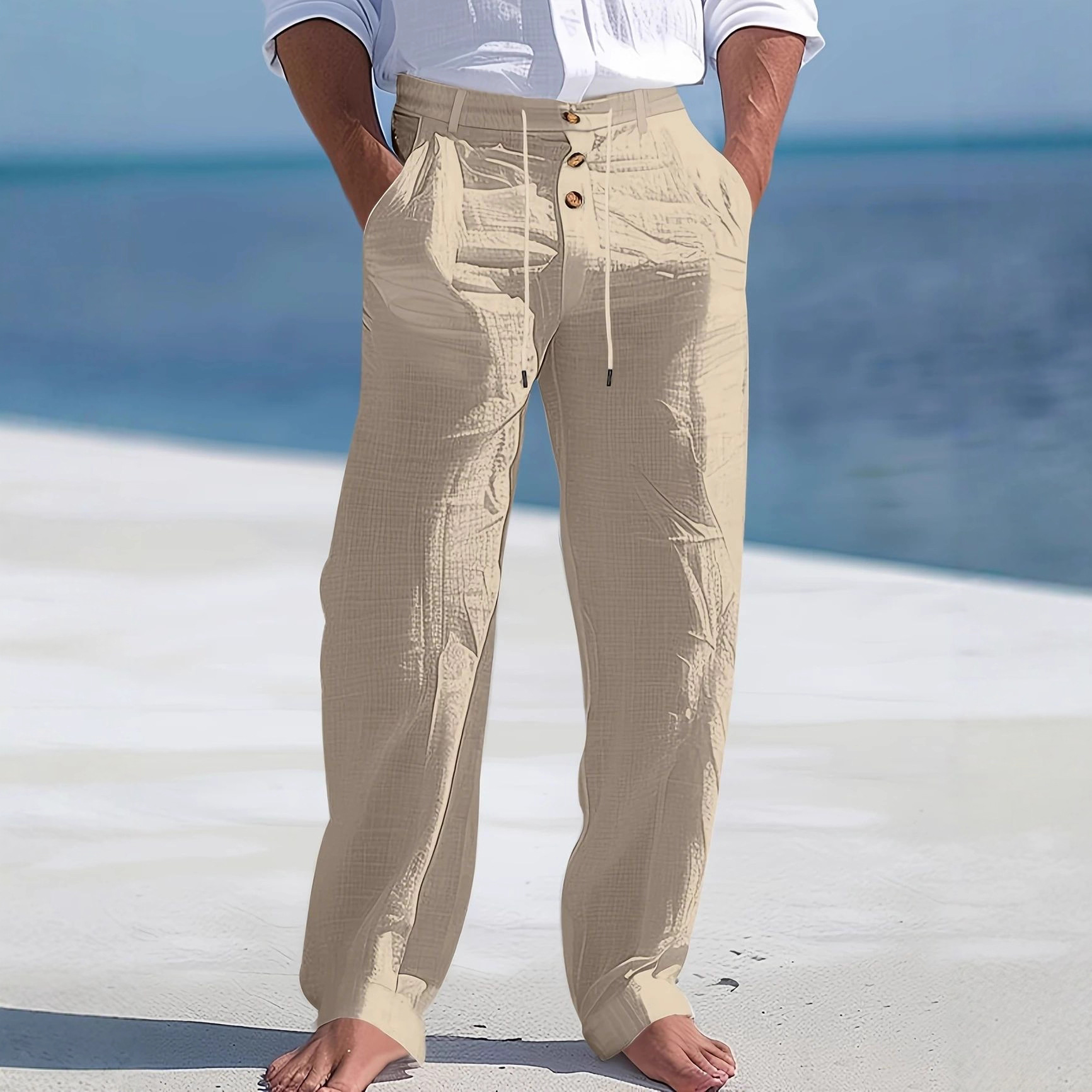 2025 Cross-Border Independent Station American Casual Men's Beach Button Style Loose Skin-Friendly Breathable Sports Linen Pants