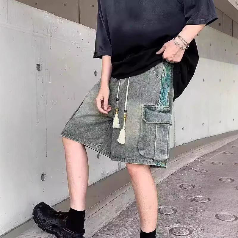 Cross-Border Foreign Trade New Chinese Style Denim Shorts Men's Summer Multi-Pocket Workwear Casual Shorts Couple American Style