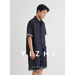 Yizhi リヨセルテンセルドゥーデニムスーツ半袖シャツメンズ新しい夏のカジュアルシャツとツーピースのショートパンツ