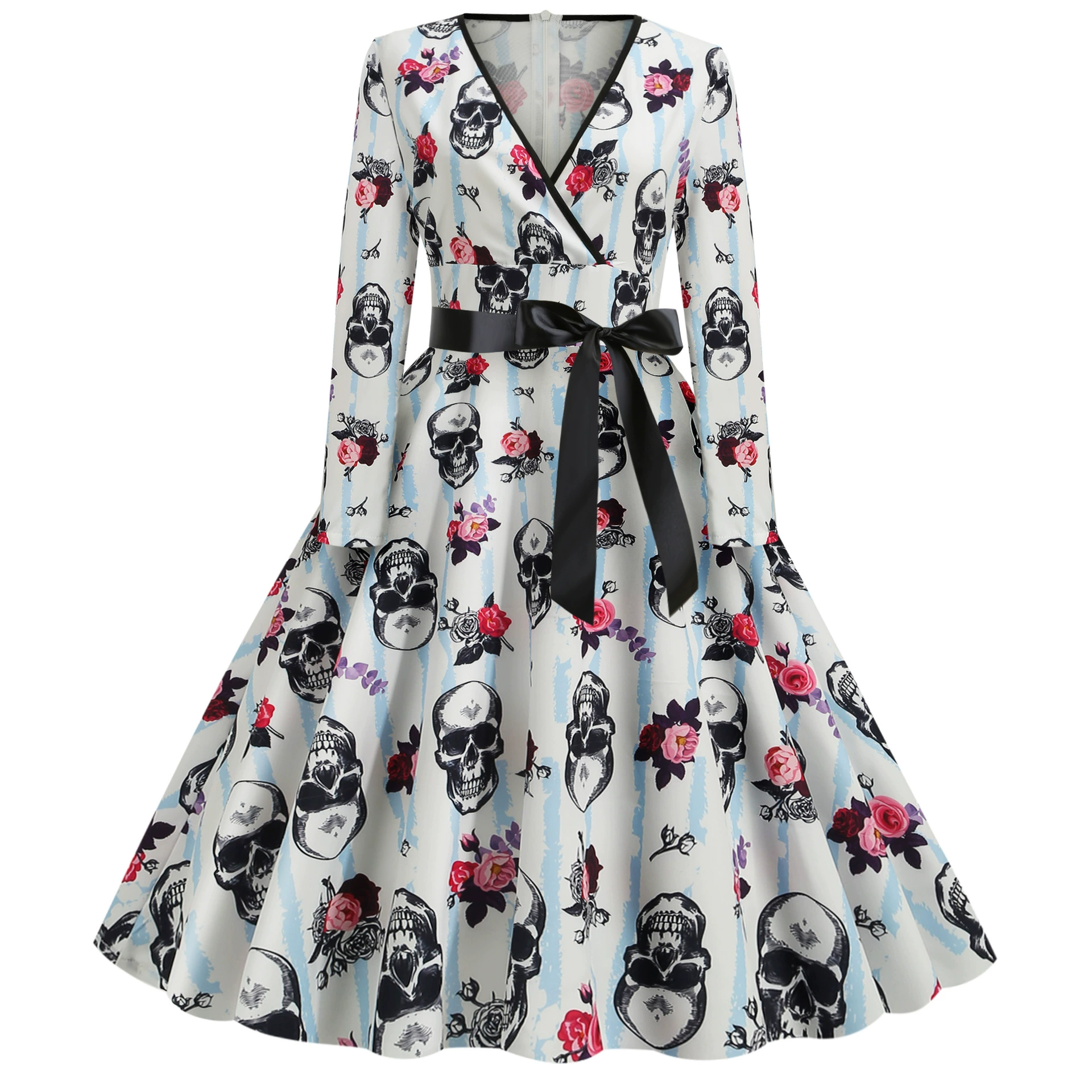 1201 AliExpress взрывы Ретро Хепберн Хэллоуин принт шить с длинным рукавом большое платье