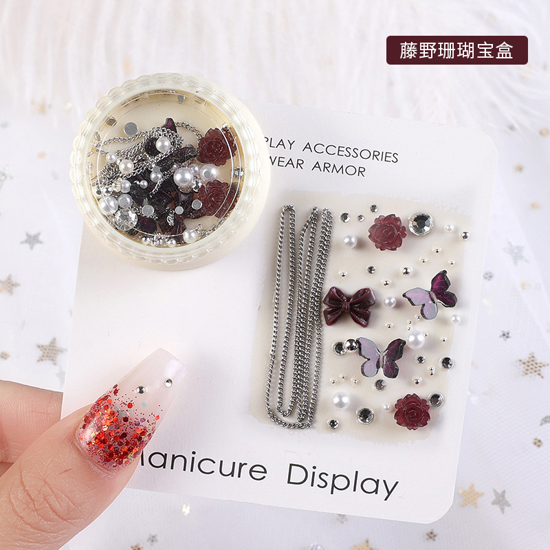 2023 nuevos accesorios de manicura camellia material paquete cadena de mariposa rosa arco mezcla combinación