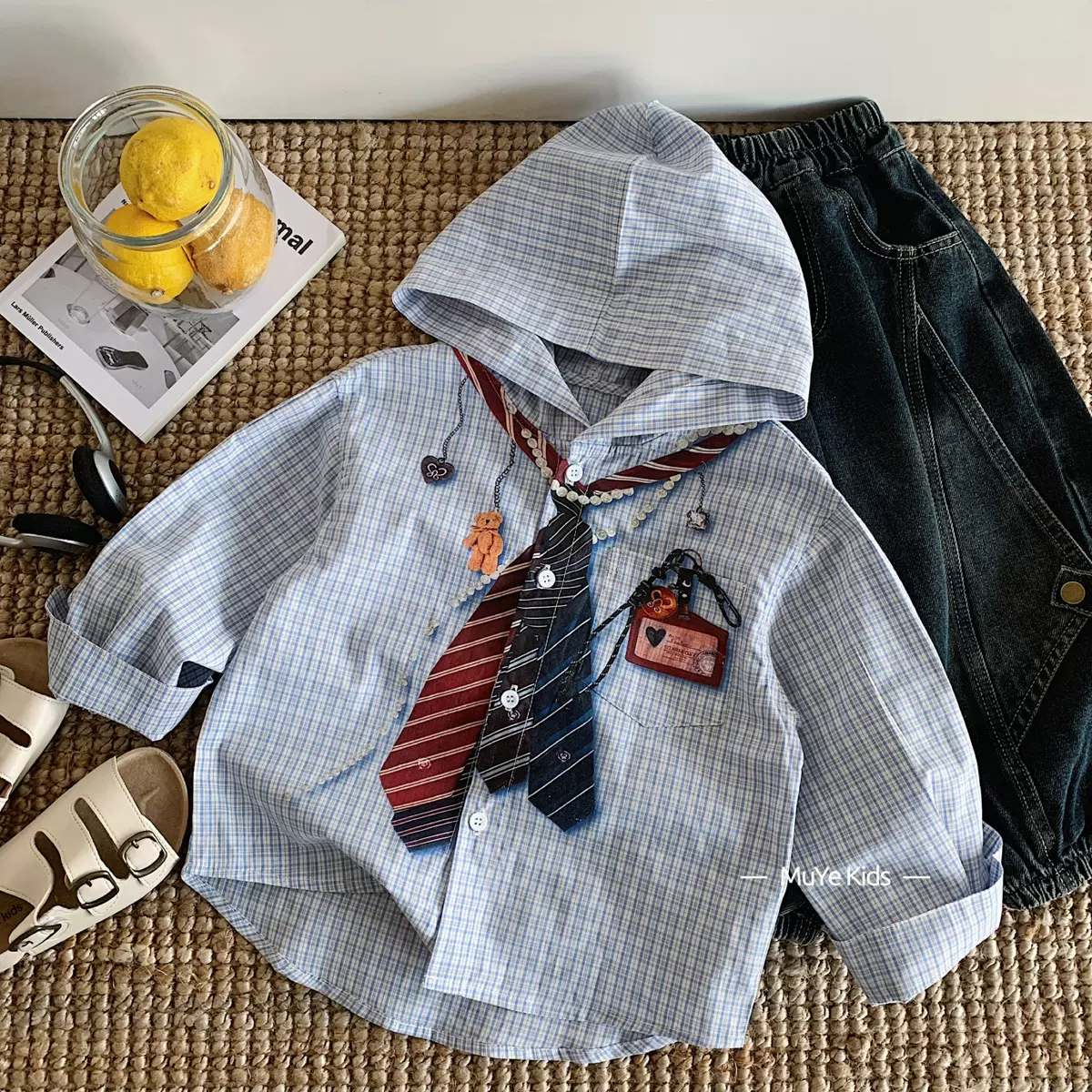 木野春秋儿童衬衫湖州织里童装学院风连帽开衫男女童韩版衬衣外套