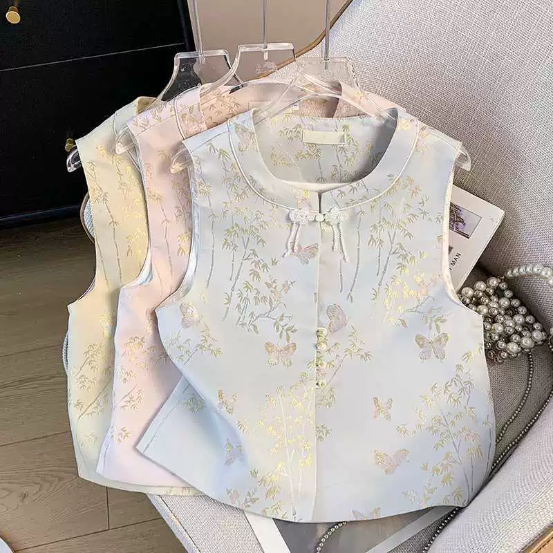 Настоящая фотография нового улучшенного маленького кардигана в китайском стиле в стиле ретро с круглым вырезом и пряжкой из парчи с вышивкой Hanfu в древнем стиле, жилет в национальном стиле, топ