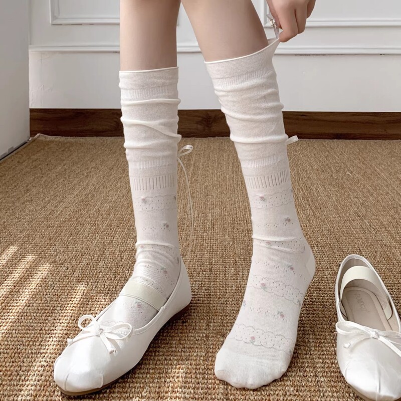 Floral Ruffle Ankle Socks for Women, Summer Thin Mesh Ballet Style Miu-Style Bow Maternity Loose Cuff Long Socks Floral Ruffle Ankle Socks for Women, Summer Thin Mesh Ballet Style Miu-Style Bow Maternity Loose Cuff Long Socks