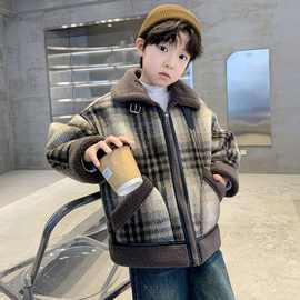 男童呢子大衣外套秋冬款25新款冬季加绒加厚中大儿童男孩冬装棉服