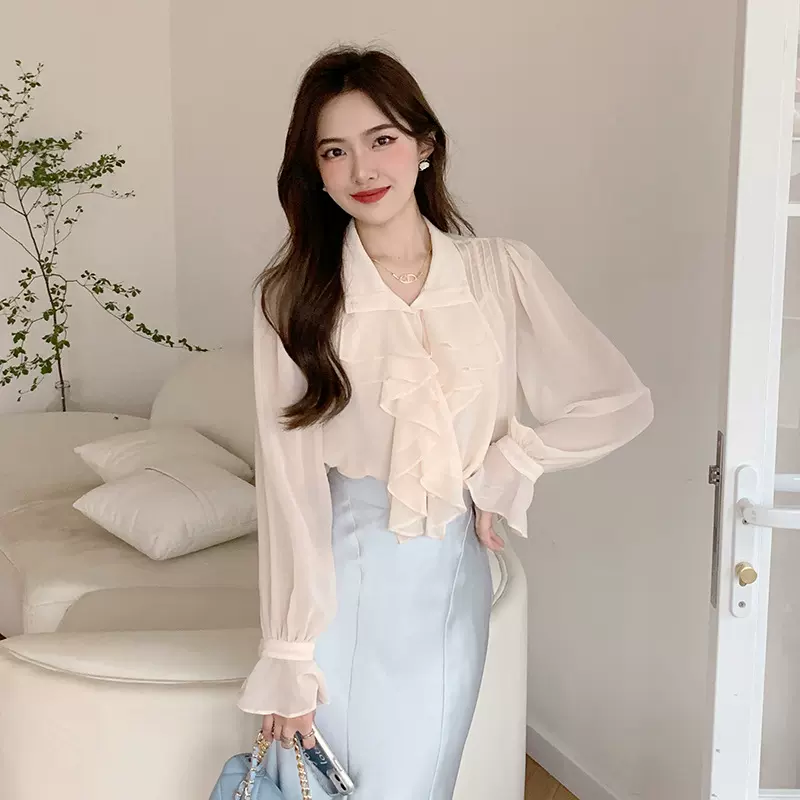 康纳利_法式复古双层荷叶领衬衫女夏季甜美气质温柔别致上衣衬衫