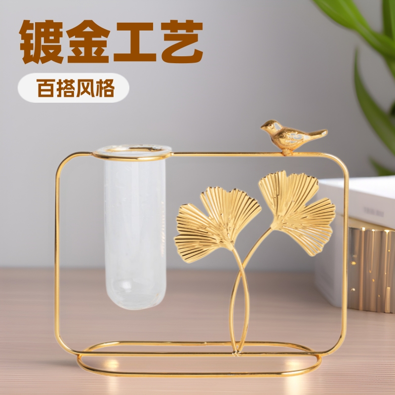 Jarrón decorativo, adornos de hojas de ginkgo, soporte de hierro para flores, arreglo floral, jarrón de vidrio, plantas verdes hidropónicas, recipiente para flores secas