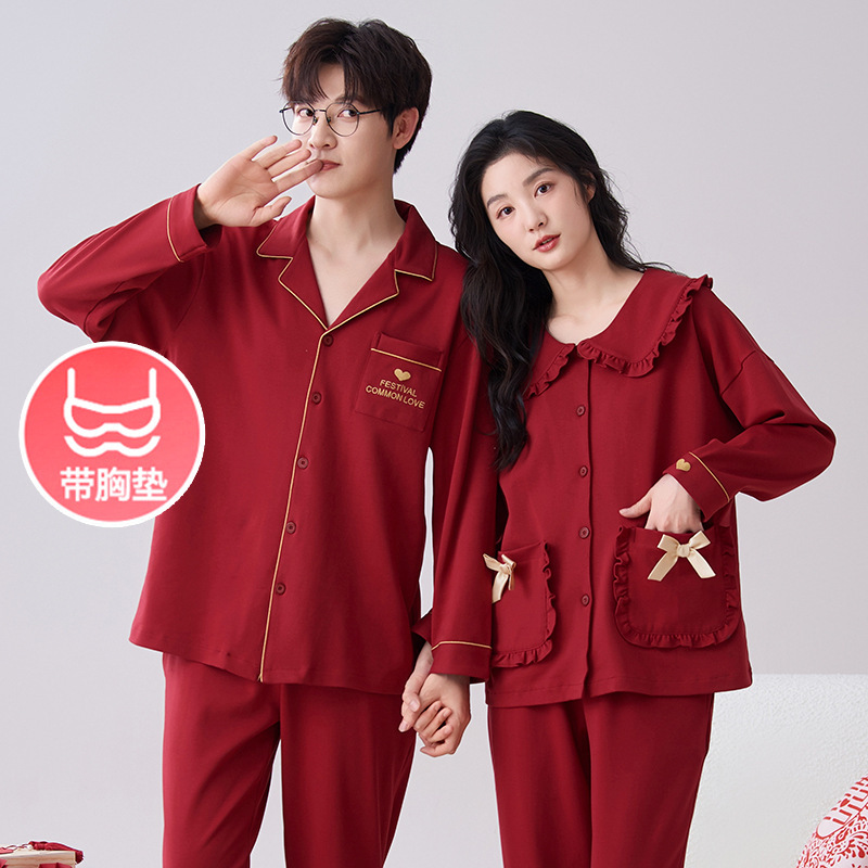 Deer Time 100% Cotton Wedding Pajamas Couple Pure Cotton Spring and Autumn Long Sleeve Newlyweds Red Home Clothes Men's and Women's suit