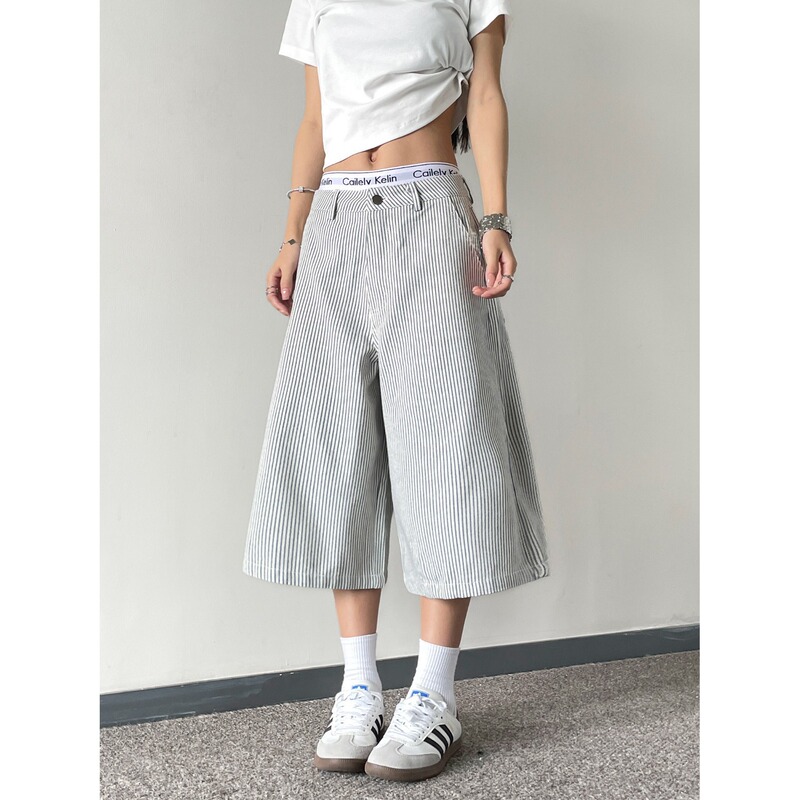 American Retro Style Fine Striped Cropped Casual Pants for Women, Summer Niche Design Lumberjack Workwear Wide-Leg Pants, Trendy on Instagram