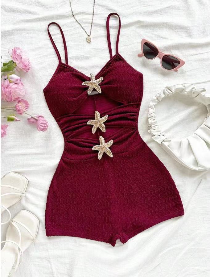 Textured Ruffle Strap One-Piece Swimsuit With Starfish Accent, Cutout Waist Design For Women's Vacation Hot Spring Wear_ecoleips.com