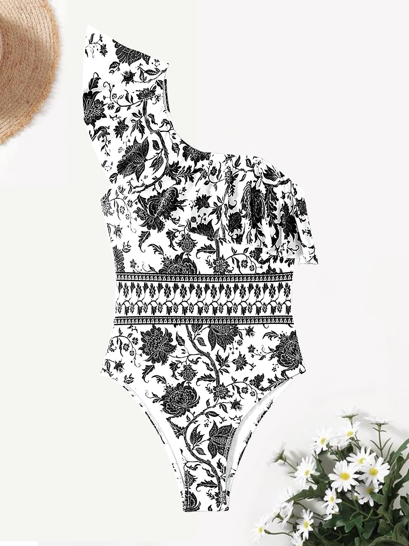201g Weight Sleeveless Sleeve Length Polyester Fabric Type Regular Top Length Bodysuit Tops Type Swimming Occasion One Shoulder Neckline Skinny Fit Type Flower Pattern Women's Gender Bohemian Style Women's Bohemian Flower One Piece Swimwear 10