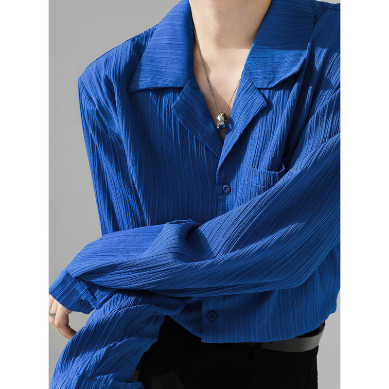 Abstinence-Style Klein Blue Shirt Men's and Women's Draped Cuban Collar Loose Shirt All-Match Texture Long-Sleeved Pit Trendy Abstinence-Style Klein Blue Shirt Men's and Women's Draped Cuban Collar Loose Shirt All-Match Texture Long-Sleeved Pit Trendy