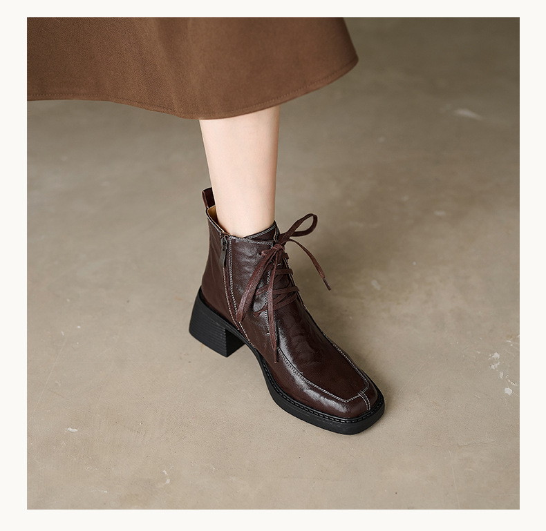 Boot nữ mũi vuông dây buộc da dê cao gót cổ ngắn lót nhung — Lớp lót nhung đen chi tiết 11