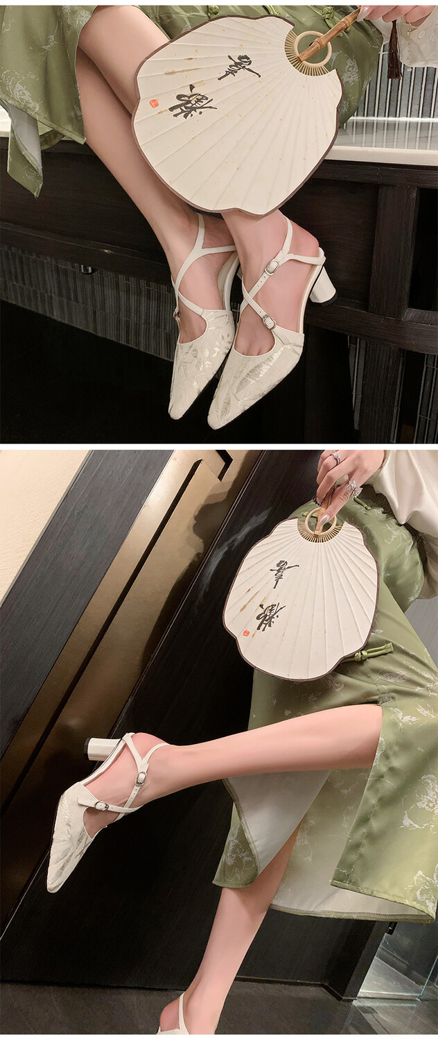 Sandal cao gót mũi nhọn phong cách Trung Hoa mới, chất sa tanh, quai chéo rỗng, gót thô 9 cm — Màu trắng be, Màu Kaki chi tiết 3