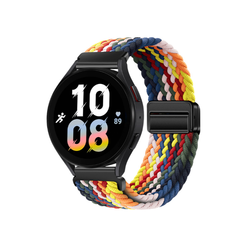 Correa de reloj deportiva trenzada de nailon con hebilla magnética de cuatro puntos y anilla metálica, compatible con las series Huawei, Samsung y Garmin.